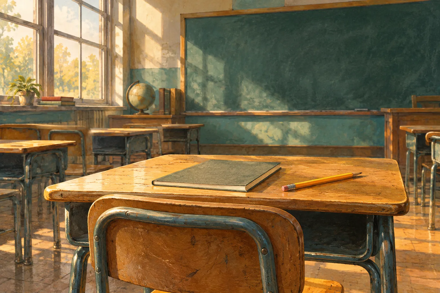 AI-generated illustration of an empty classroom with a notebook and pencil on a wooden desk.