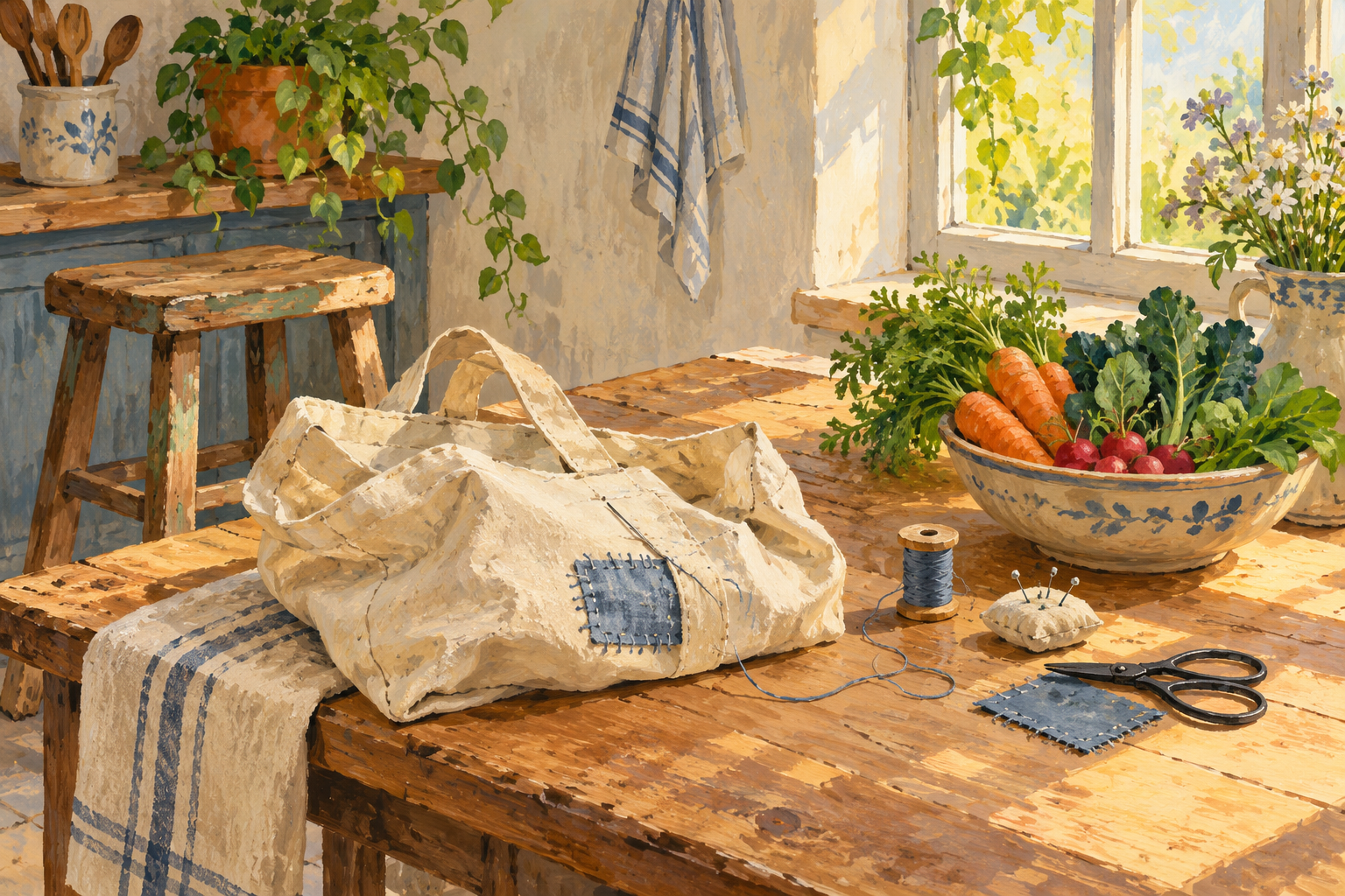 Painted illustration of a patched cloth bag, sewing supplies and vegetables on a sunlit kitchen table.