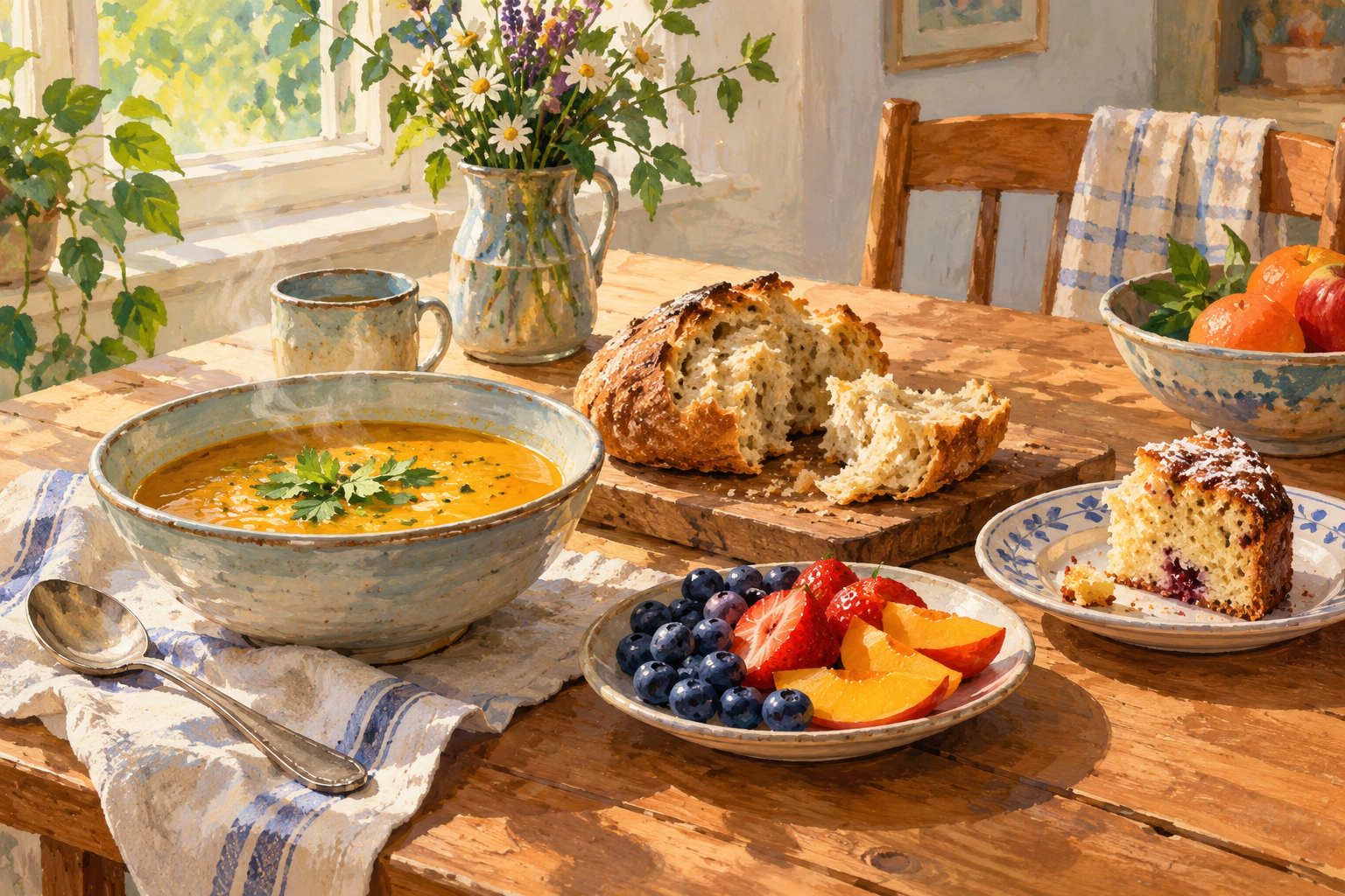 Painted illustration of soup, bread, fruit and cake on a sunlit kitchen table.